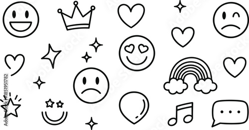 Set of minimalist line art icons featuring happy and sad emojis heart symbols rainbow crown and musical note for social media and planner design