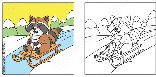 Cute cartoon raccoon riding a wooden sled down a snowy hill. Happy animal character enjoying winter activity in mountain landscape. Vector illustration for kids design.