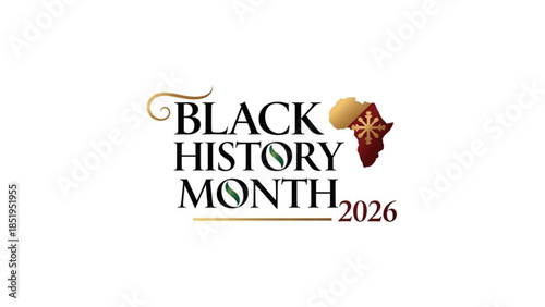 Black history month 2026 logo with african map and decorative elements on white background