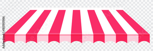 Awning tent canopy striped roof, sunshade. Cafe, shop or restaurant front view curtain. Rain protection awning for franchise stores