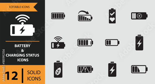 A comprehensive set of 12 solid icons for various battery and charging status indications