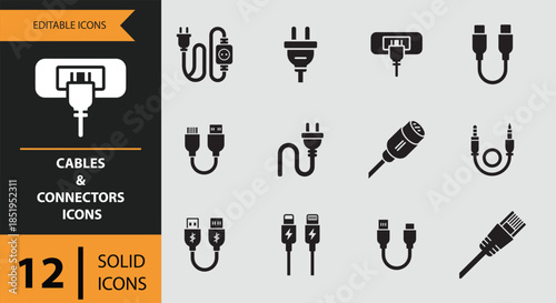Solid editable icons set featuring a variety of common cables and electronic connectors