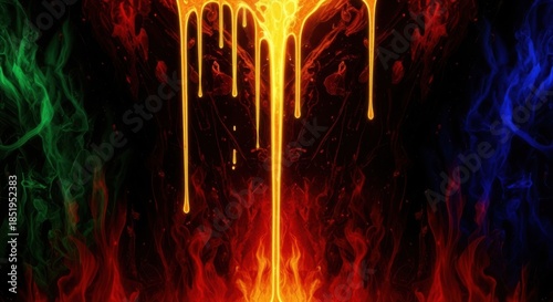Abstract background with vibrant dripping orange liquid melting over intense red fire and contrasting green and blue flames