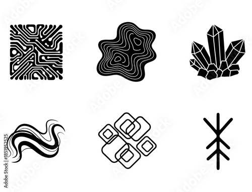 Abstract Digital Circuit, Organic Flow, Geometric Crystals, and Rune Symbol Icons Set