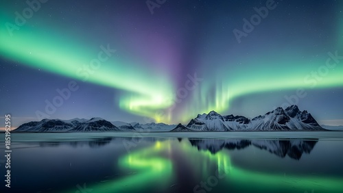 Aurora boreal en Noruega.
 Luces verdes del norte sobre las montañas.
 Cielo nocturno con luces polares.
 Paisaje nocturno invernal con aurora y reflejo en la superficie del agua.
 espalda natural