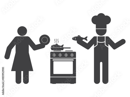 chef cook person with electric oven and housewife icon