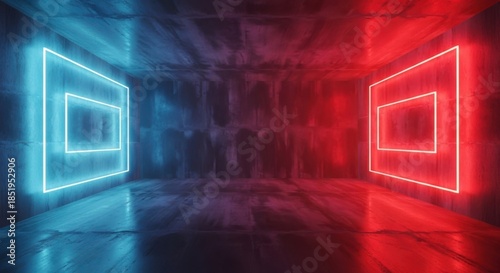 Futuristic dark room interior with contrasting neon blue and red glowing square light frames on concrete wall
