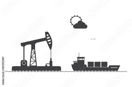 oil derrick pump tower platform in sea and cargo ship icon