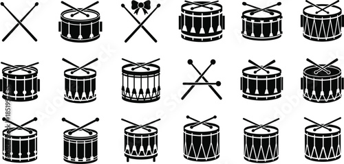 Drum icon set illustration—vector of 20 stylized snare drums with crossed sticks