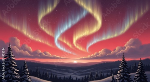 Vibrant aurora borealis dances across a dramatic red twilight sky above a snowy winter landscape with pine trees