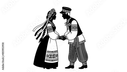 Traditional Ukrainian Folk Art Wedding Couple Silhouette Vector with Bride in Floral Wreath and Groom in Embroidered Shirt
