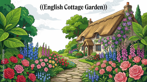 English cottage garden overflowing with flowers, climbing plants, and natural pathways, expressing charm, abundance, and relaxed traditional garden aesthetics