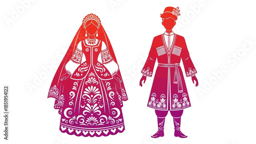 Traditional Caucasian Wedding Couple Silhouette Vector in Red Gradient. Bride and Groom in Georgian or Circassian Costume