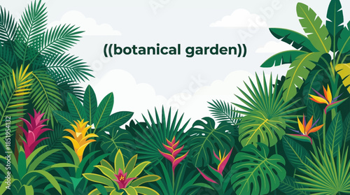 lush tropical botanical garden filled with exotic plants, palm trees, vibrant foliage, and dense greenery, creating a rich and immersive natural environment
