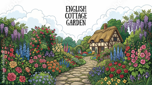 English cottage garden overflowing with flowers, climbing plants, and natural pathways, expressing charm, abundance, and relaxed traditional garden aesthetics