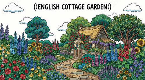 English cottage garden overflowing with flowers, climbing plants, and natural pathways, expressing charm, abundance, and relaxed traditional garden aesthetics