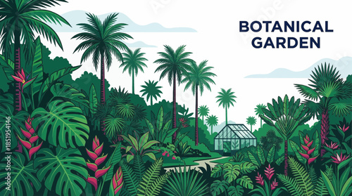 lush tropical botanical garden filled with exotic plants, palm trees, vibrant foliage, and dense greenery, creating a rich and immersive natural environment