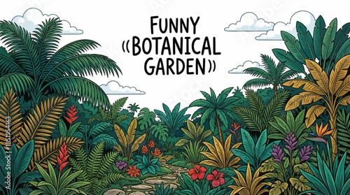 lush tropical botanical garden filled with exotic plants, palm trees, vibrant foliage, and dense greenery, creating a rich and immersive natural environment