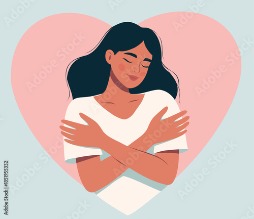 Vector illustration of a woman hugging herself with her eyes closed, radiating peace, self-love against a pink heart. Warmth, self-care, emotional well-being for psychology content, mental health