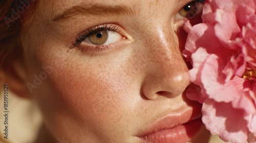 Redhead woman's face up close. Showcasing natural skin texture with freckles. Vibrant hazel eye. And soft pink flower petals gently touching her cheek