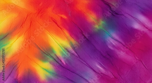 Vibrant tie dye fabric texture background with swirling bright colors like orange, yellow, pink, and purple