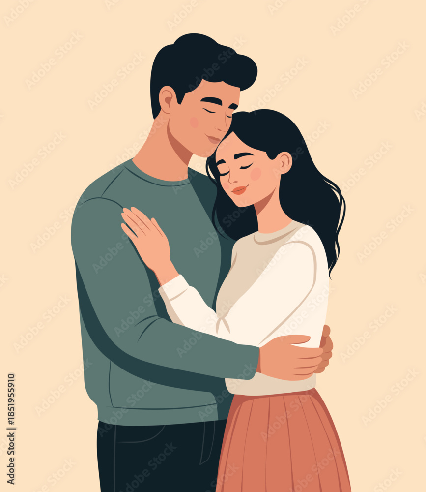 Obraz premium Vector illustration of a loving couple, man and woman, tenderly embracing with their eyes closed, symbol trust, love, support. For Valentine's Day projects, family psychology, healthy relationships