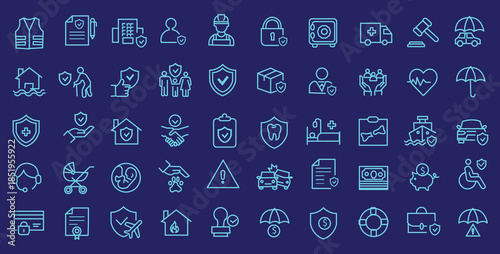 Insurance and assurance icon set. Editable line icons. Vector illustration.
