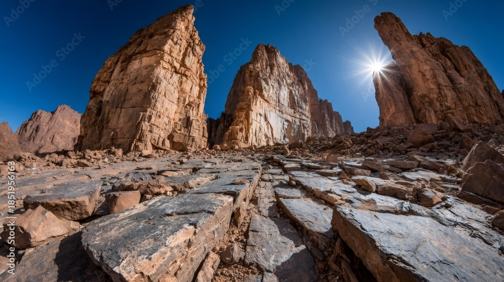 Obraz premium Arid desert canyon creating a dramatic landscape with towering sandstone rock formations and a bright sunburst