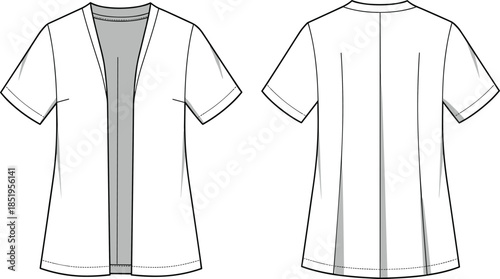 Open-front top sketch, V-neckline, flared hem, relaxed fit, fashion flat, garment design, clothing template, apparel illustration, vector outline, minimal style