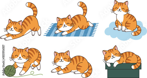 Orange tabby cat cartoon set, playful and relaxed feline poses, cozy pet illustration for kids and animal-themed design