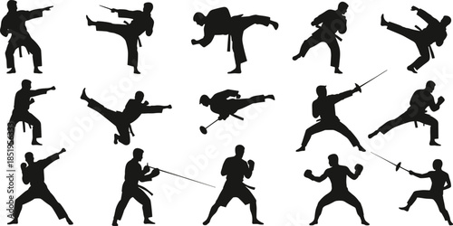Martial, arts, silhouette, black, white, kick, punch, pose, weapon, sword, staff, jump, stance, fighter, combat, training, minimal, icon, grid, design