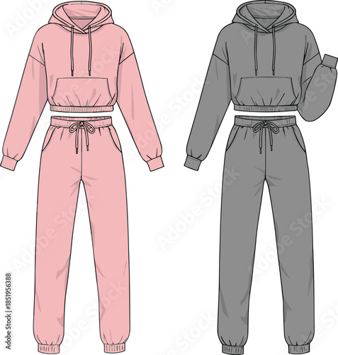 Matching hoodie and sweatpants set, front view, casual wear illustration, pink and gray outfit, fashion sketch, apparel design, CAD