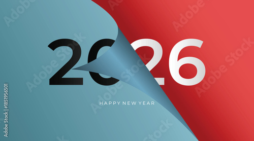 A striking 2026 New Year card-style image featuring a blue and red diagonal split, a peeled page corner, bold typography, and modern minimal visuals. Ideal for holiday campaigns, greetings.