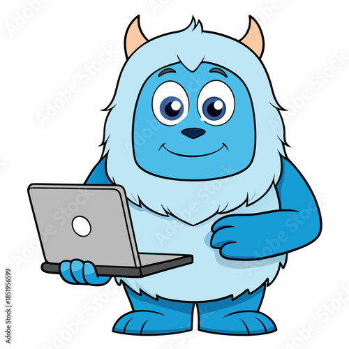 Yeti with laptop concept 3d illustration isolated on white background.