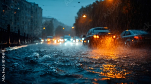 Heavy rainfall flooding city street at night, cars driving through deep puddles, urban traffic during storm