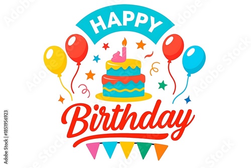 Happy Birthday Celebration Illustration with Cake, Balloons and Decorative Elements Isolated on White Background