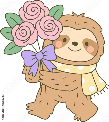 Kawaii bigfoot character carrying a large bouquet of pink roses with a purple ribbon