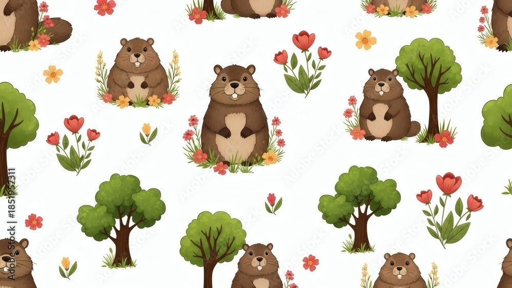 Fototapeta premium Cute beaver pattern with flowers and trees on white background