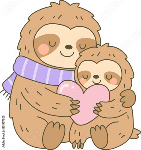 Cute Bigfoot parent and child hugging while holding a pink heart, concept of love, family, and togetherness.
