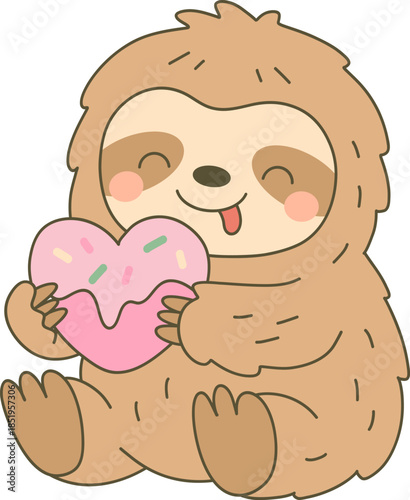 Funny Bigfoot character eating a heart-shaped pink donut with sprinkles, cute Valentine's Day treat illustration.