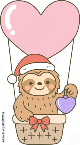 Whimsical Bigfoot in a heart-shaped hot air balloon wearing a Santa hat, cute holiday and love mashup illustration.