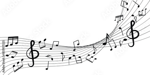 Musical note wave. Music notes melody on white background. waves of musical notes and songs 