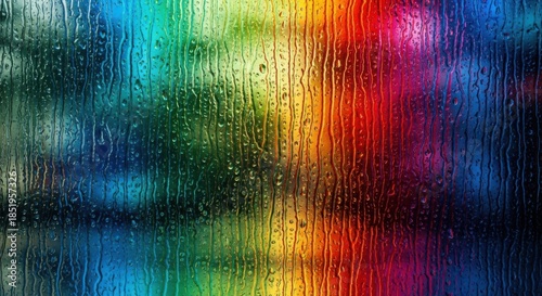Vibrant rainbow colors seen through a textured, rainstreaked glass surface creating an abstract background