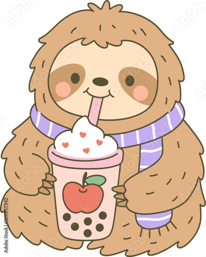 Cute bigfoot drinking a pink bubble tea with heart toppings and whipped cream