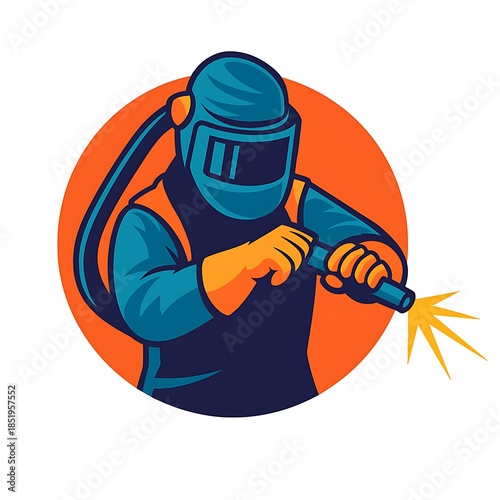 Industrial Welder Illustration Logo Design with Welding Torch Isolated on White Background