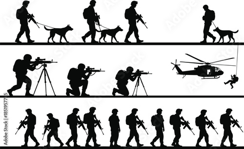 Military silhouettes, soldiers with dogs, tactical patrol, helicopter rappel, precision shooting, combat formation, battlefield movement, defense mission, war zone, armed forces