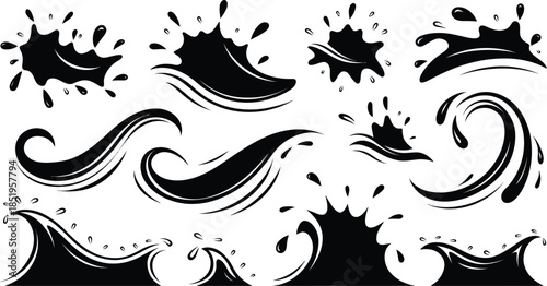 Black Water Splash and Wave Silhouette Vector Collection