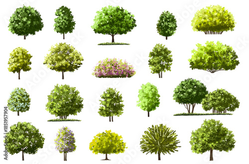 Vertor set of green tree,plants side view for landscape elevations,element for backdrop,eco environment concept design,watercolor greenery scene