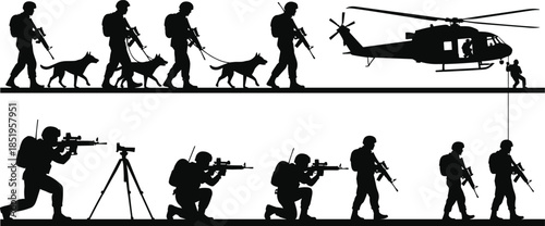 Military silhouettes, soldiers with dogs, tactical patrol, helicopter rescue, combat readiness, battlefield teamwork, reconnaissance, armed forces, war zone, defense operations