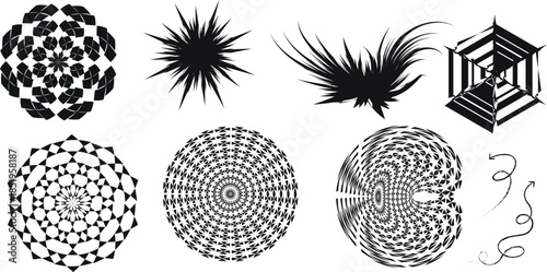Collection of abstract geometric and organic shapes in black and white